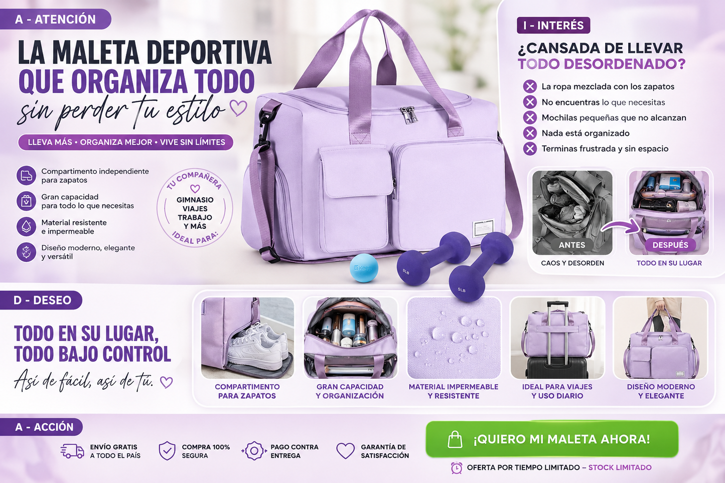 Maleta Gimnasio Deporte Portatil Lila karla